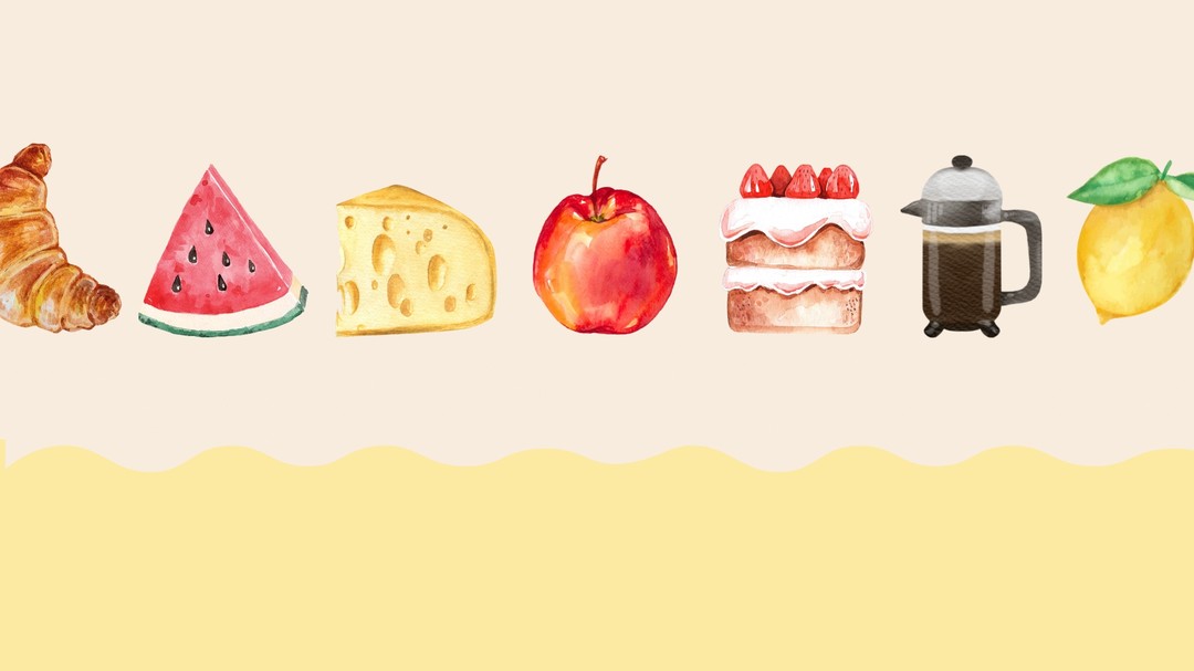 different food (croissant, melon, cheese, apple, cake, coffee pot, lemon) on yellow background.